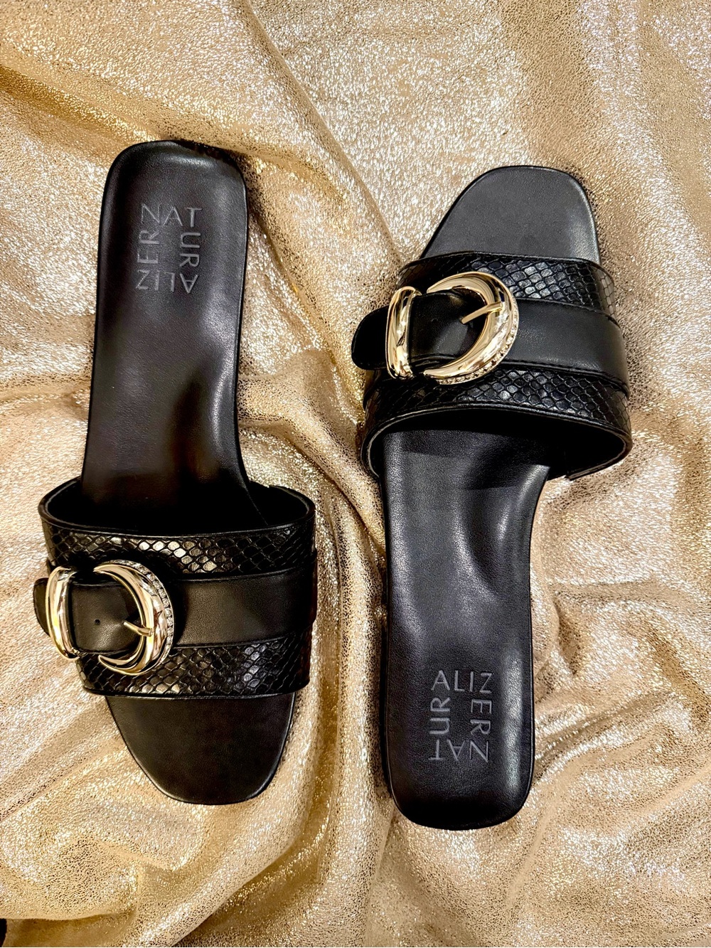 Black Slide Sandals with silver rhinestone 
 Buckles